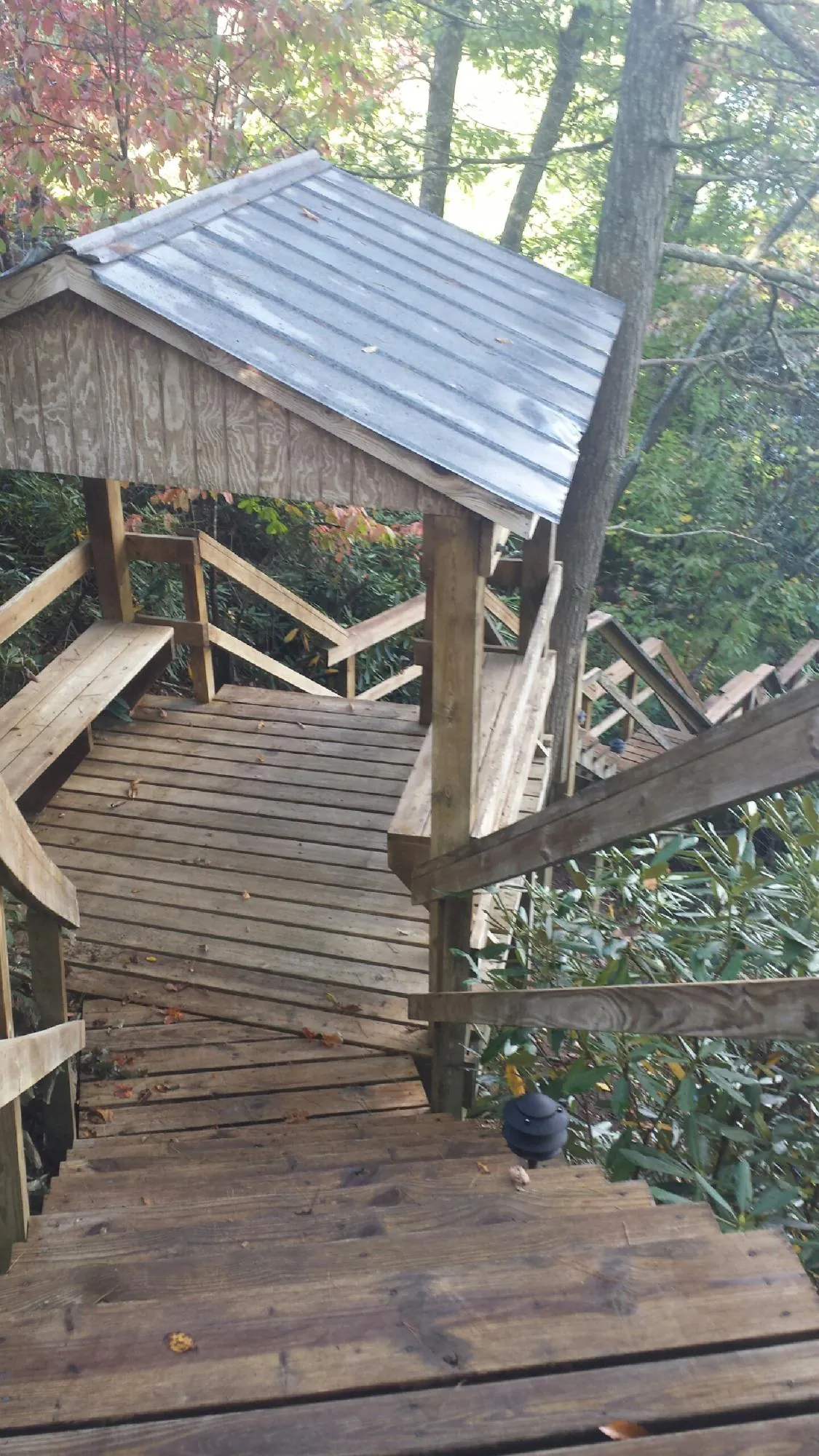 Metal roofed shelter over wooden steps on a wooded walkway — Skylight Repair & Installation work by our crew in Wayne